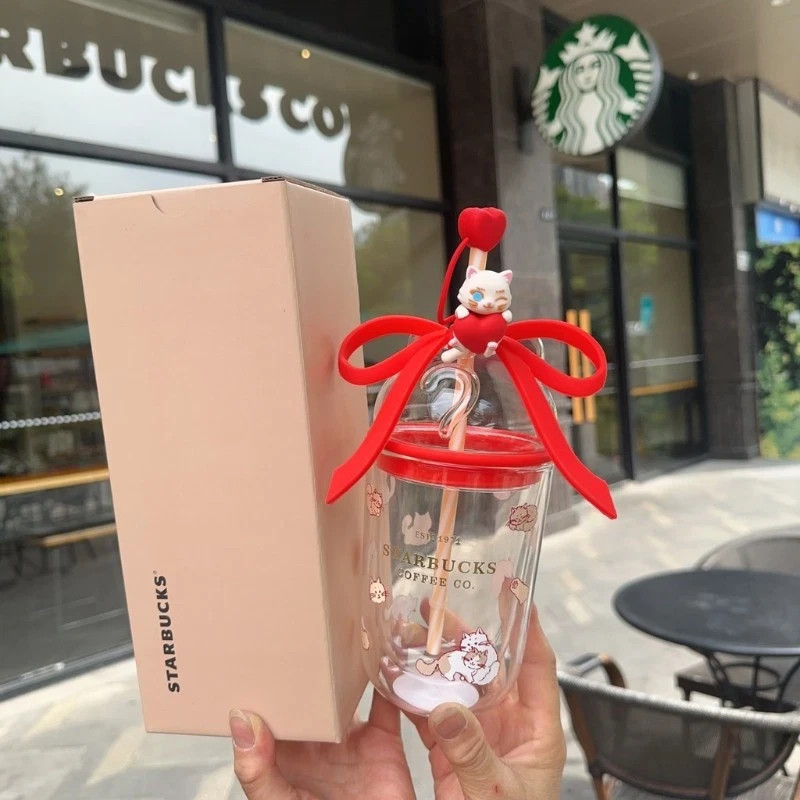 Starbucks Cup Valentine\'s Day Bow Glass Straw Cup Cat Bow Office Water Cup 400ml