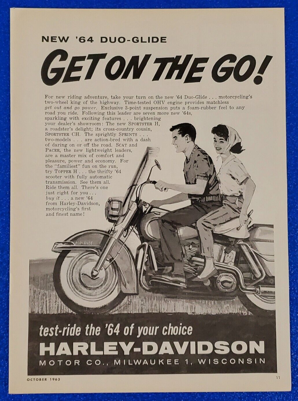 1963 HARLEY DAVIDSON MOTOR CO. DUO-GLIDE MOTORCYCLE CLASSIC ORIGINAL PRINT AD