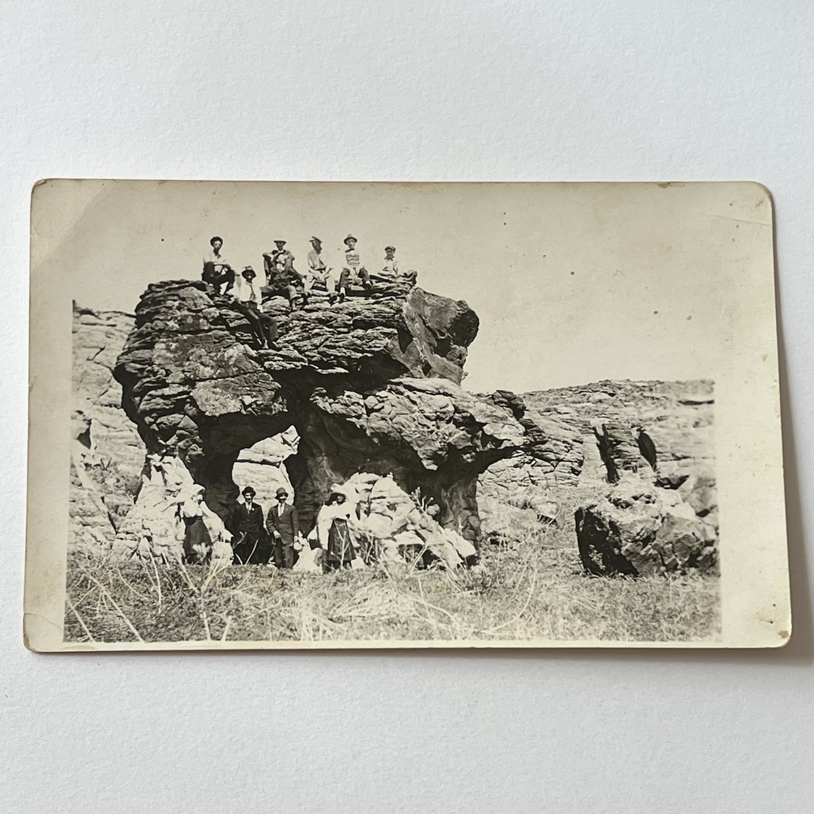 Antique RPPC Real Postcard Group Photograph Women Men Nature Odd Rock Outside