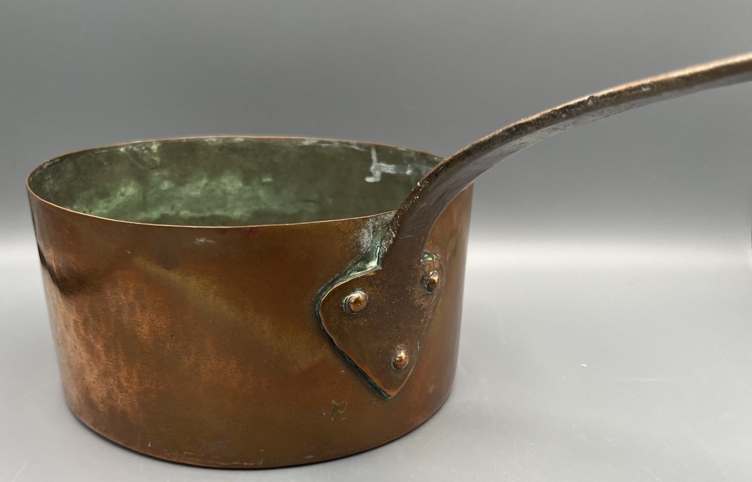 Vintage Heavy Copper Saucepan 7.25” Long Handle 3 Rivets Rustic Patina