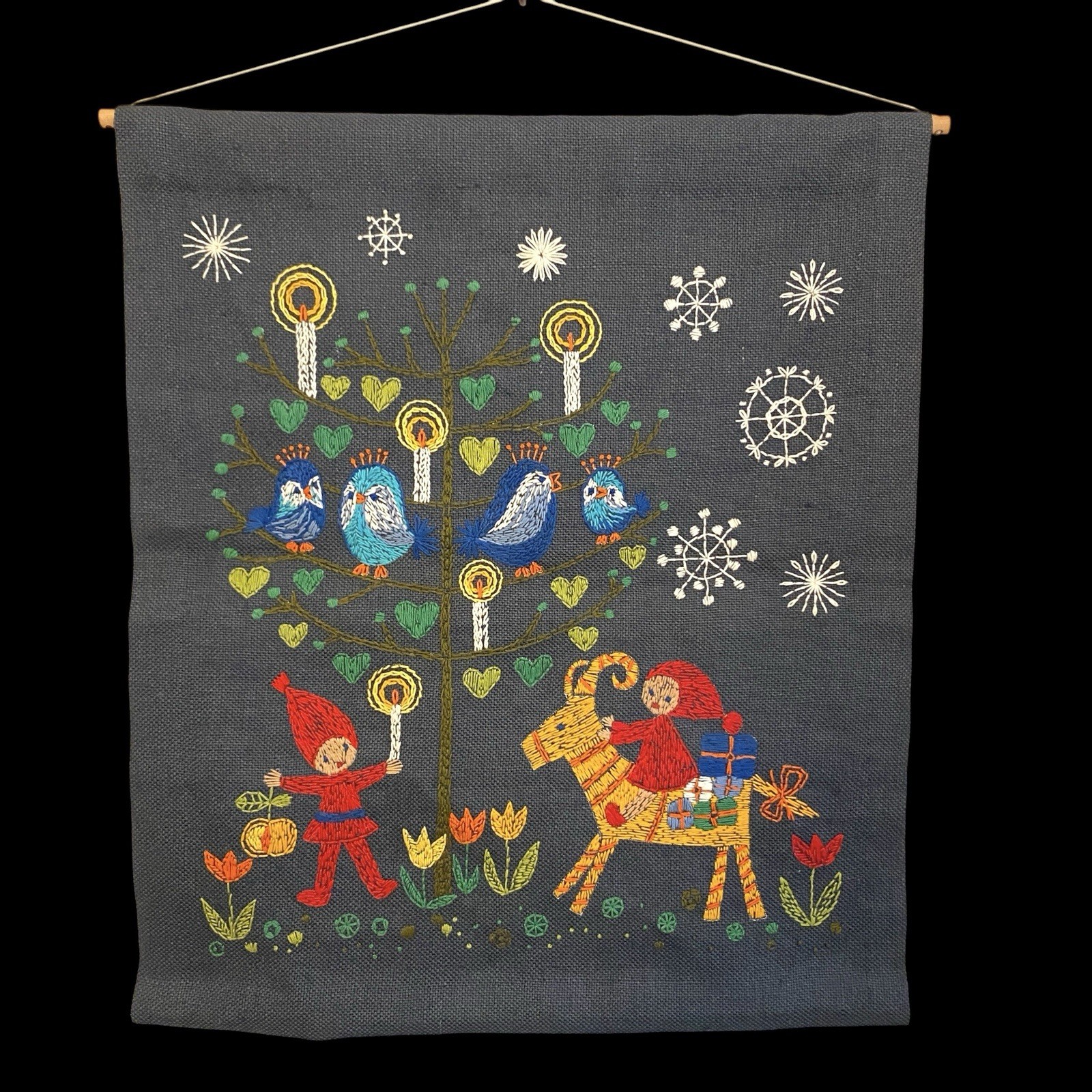 Large Vtg Scandinavian Christmas Hanging Wall Panel Hand Embroidered Linen MCM