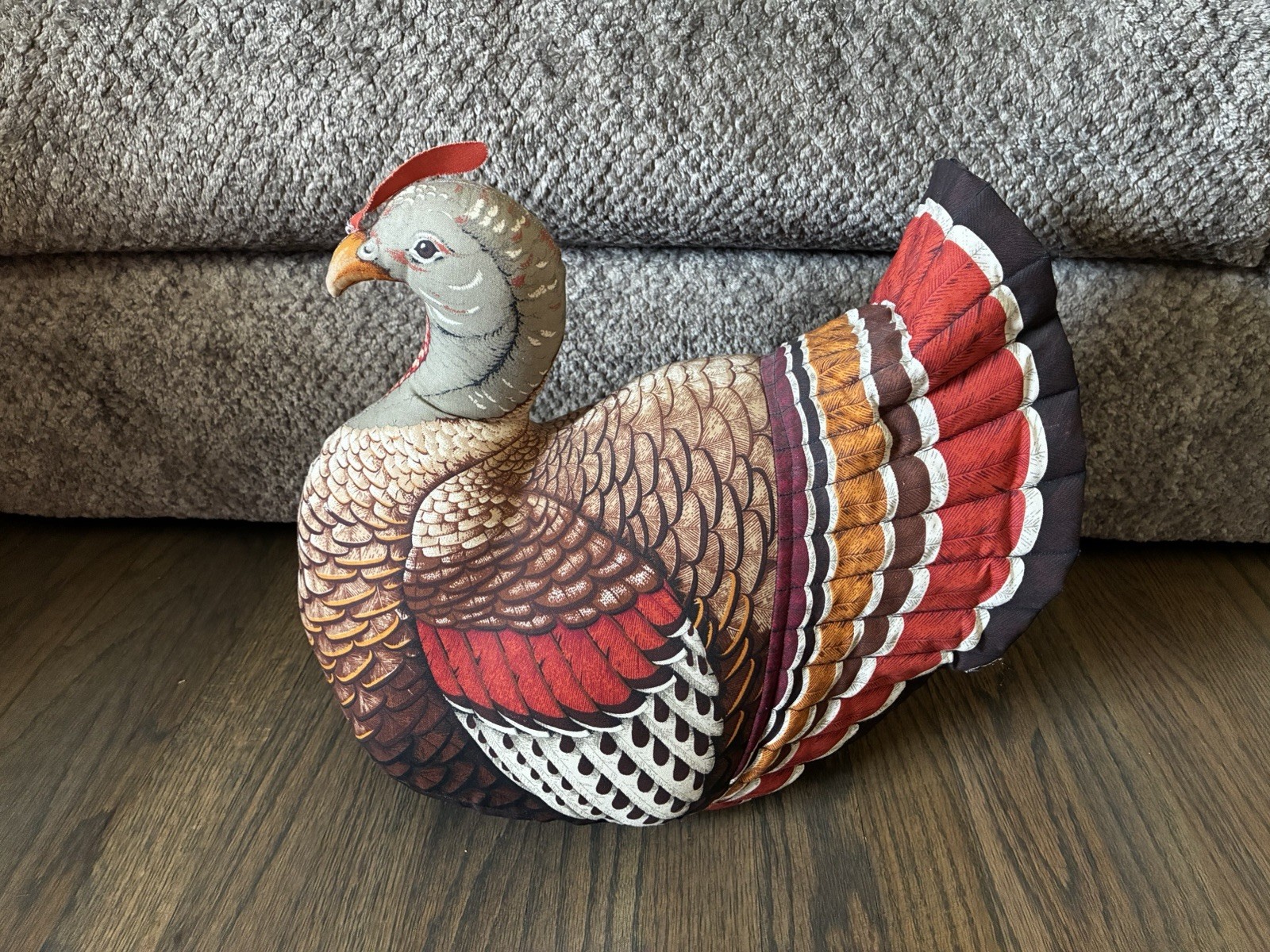 Vintage Handmade Stuffed Fabric Turkey Thanksgiving Decor Centerpiece Plush 14”