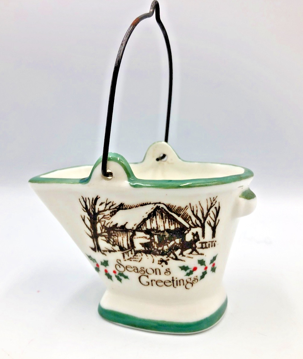 Vintage Miniature Coal Bucket Porcelain Christmas Holiday Decor Seasons Greeting