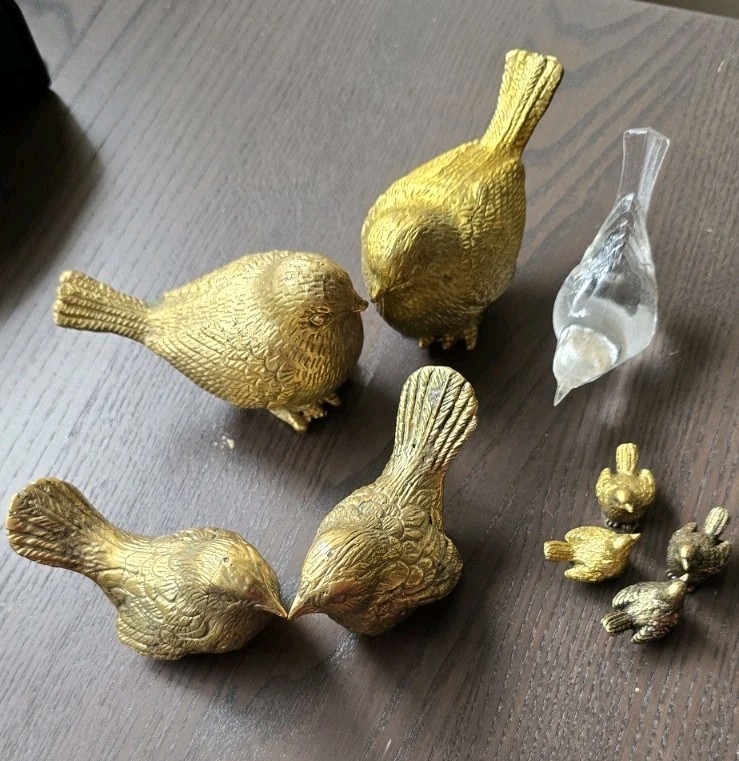 Antique LOT of 9 Brass Sparrow And Glass Bird Figurine Statue Solid