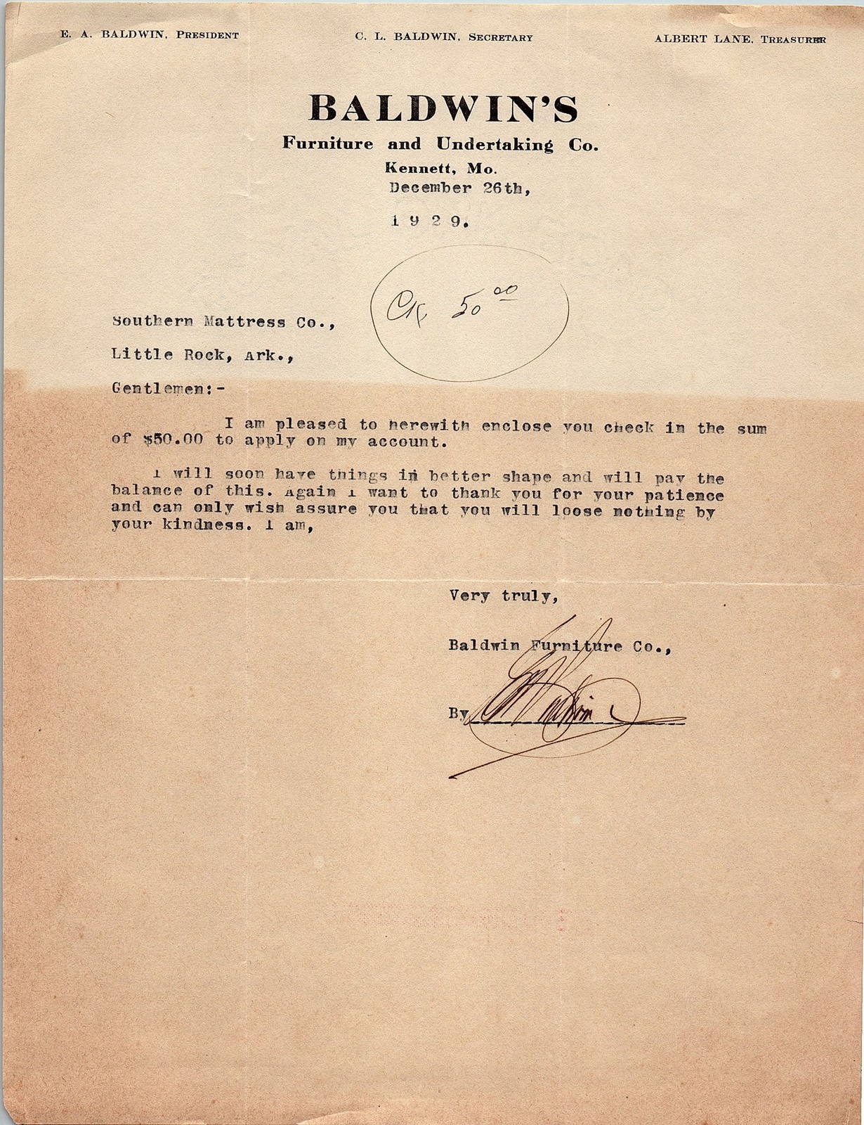 1929 Baldwin\'s Furniture & Undertaking Co. Kennett, MO billh 1929 Baldwin\'s Furniture & Undertaking Co. Kennett, MO billh