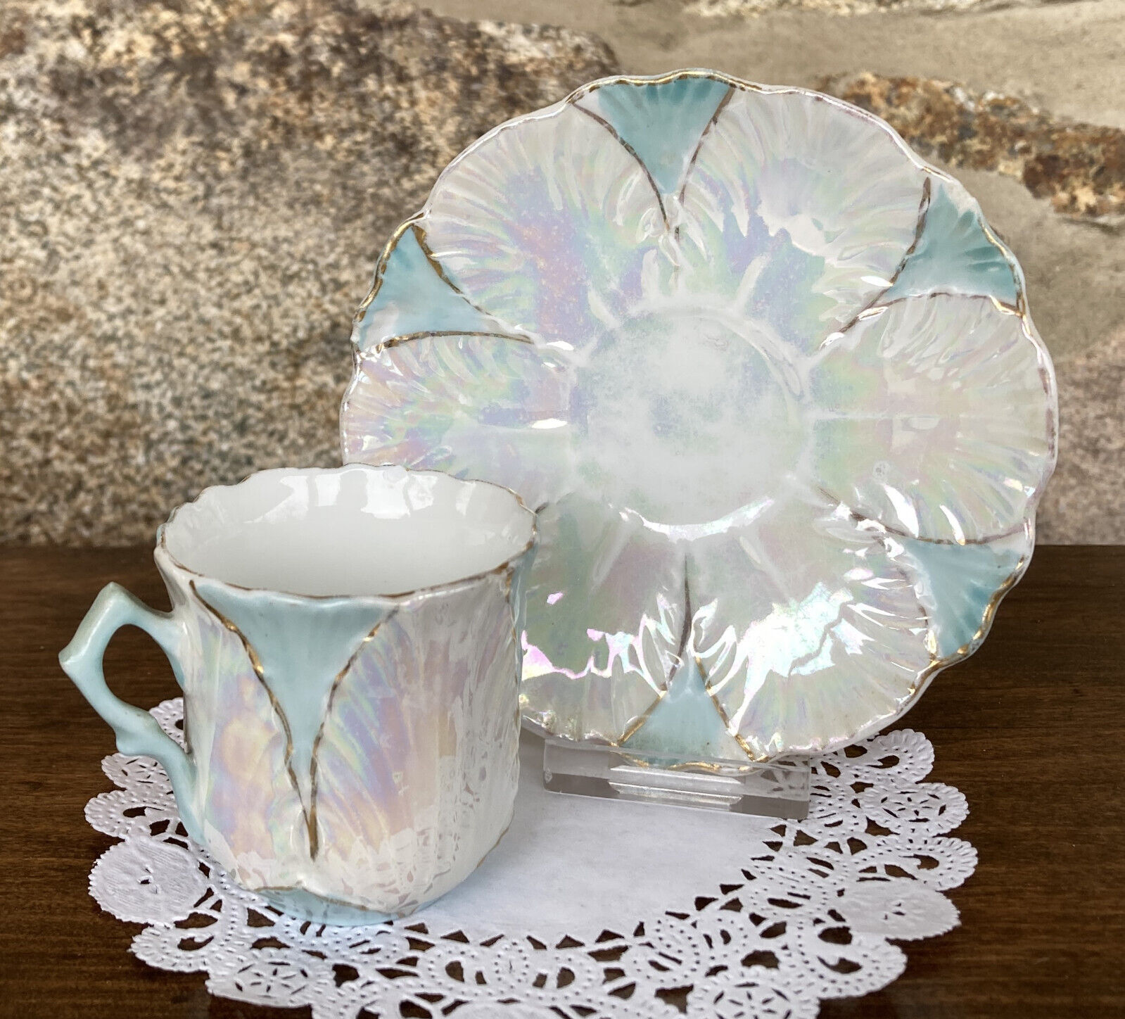 Lusterware Demitasse Cup&Saucer Pale Blue/White Iridescent Leaf Design, Unmarked