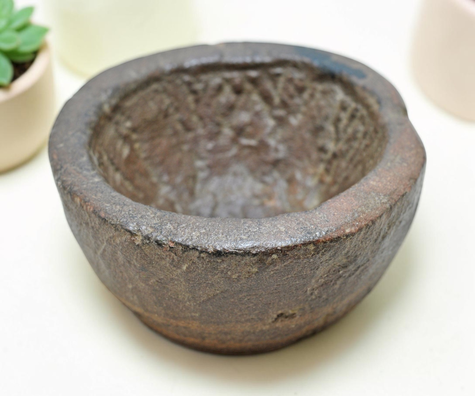 Antique Sand Stone Round Kitchenware Curry Bowl Original Old Fine Hand Carved