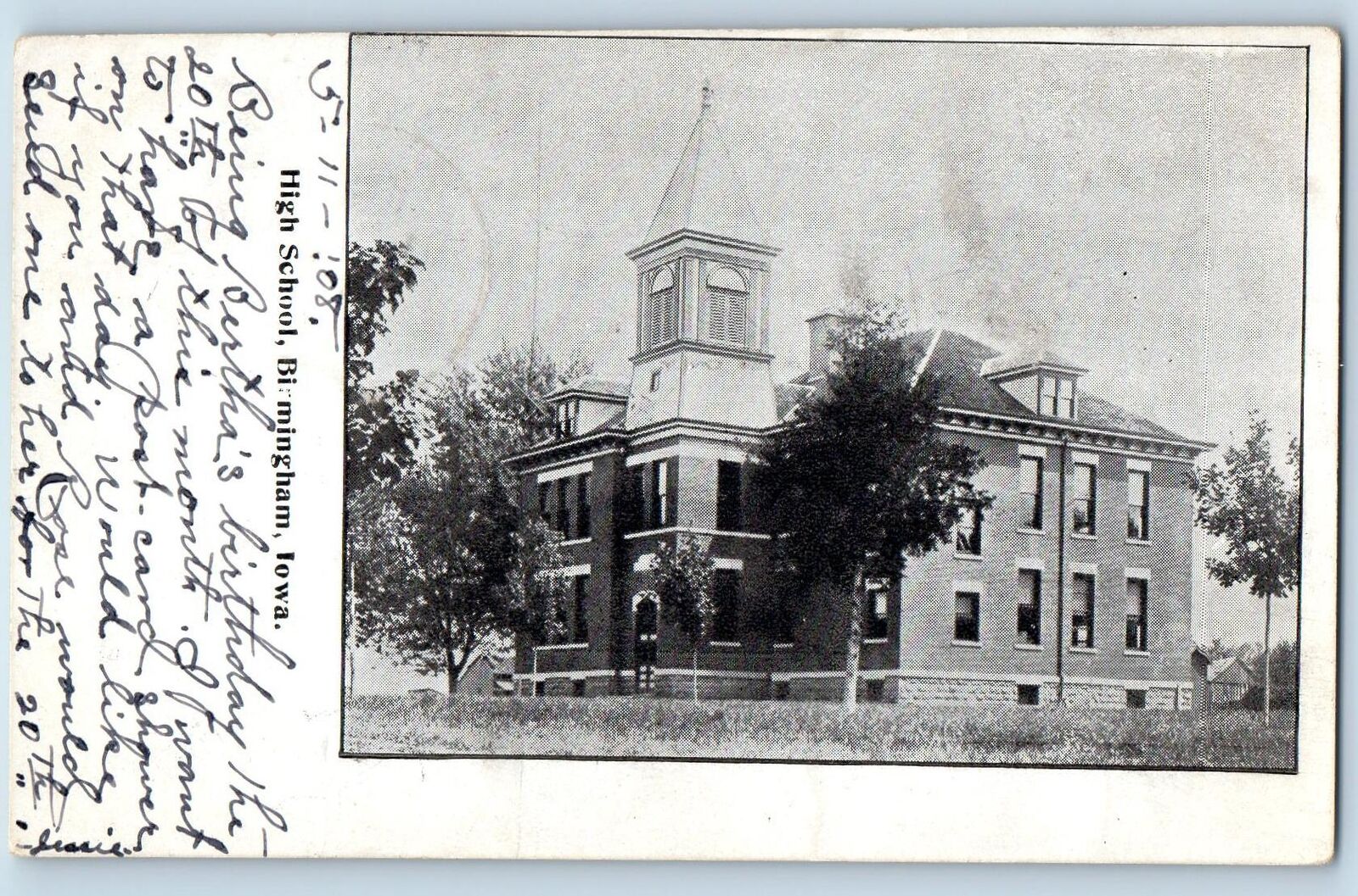 Birmingham Iowa IA Postcard High School Building Exterior Scene 1908 Antique