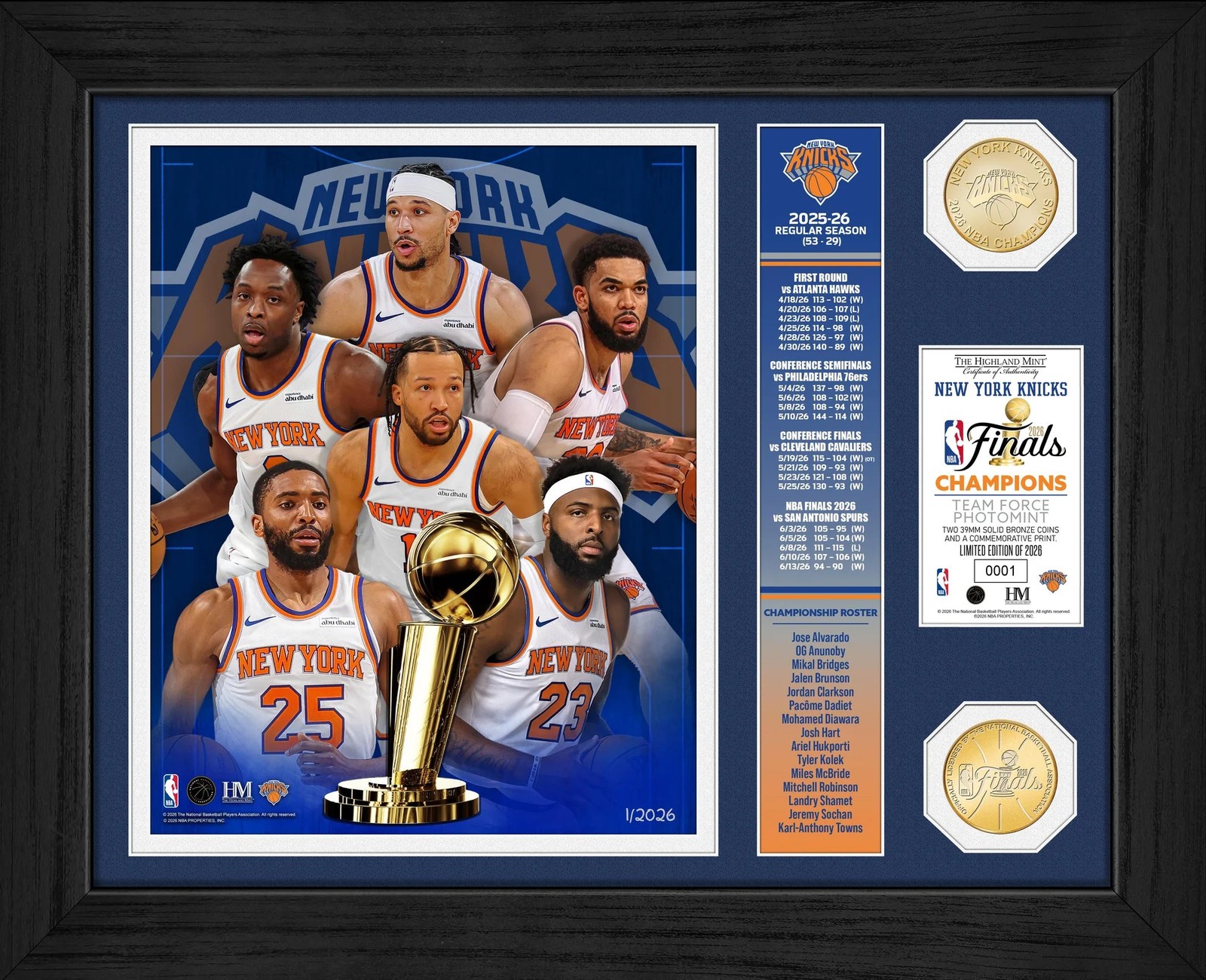 New York Knicks 2026 NBA Champions Team Force Bronze Coin Photo Mint Frame