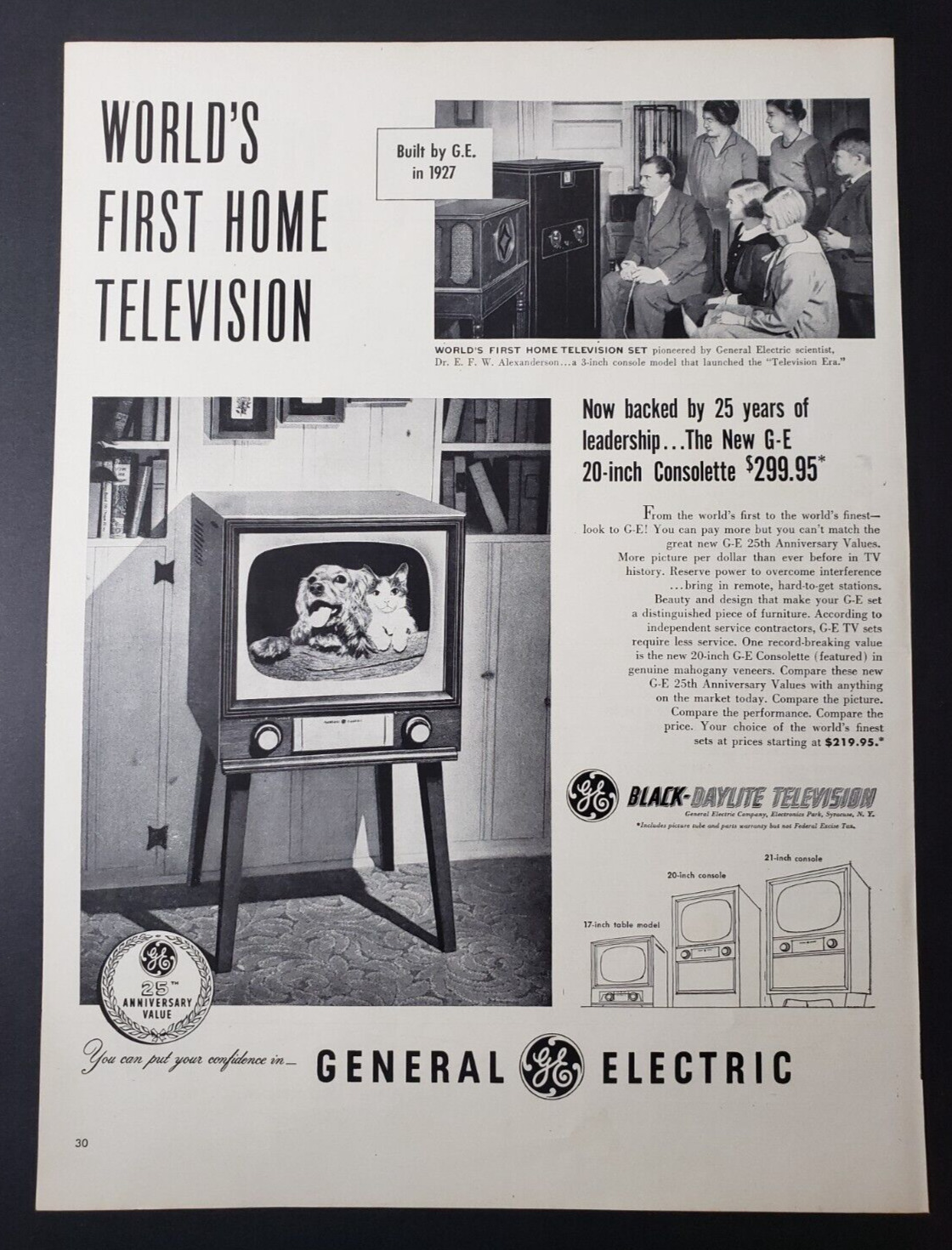 1952 Print Ad General Electric Television Black-Daylite World\'s First Home TV