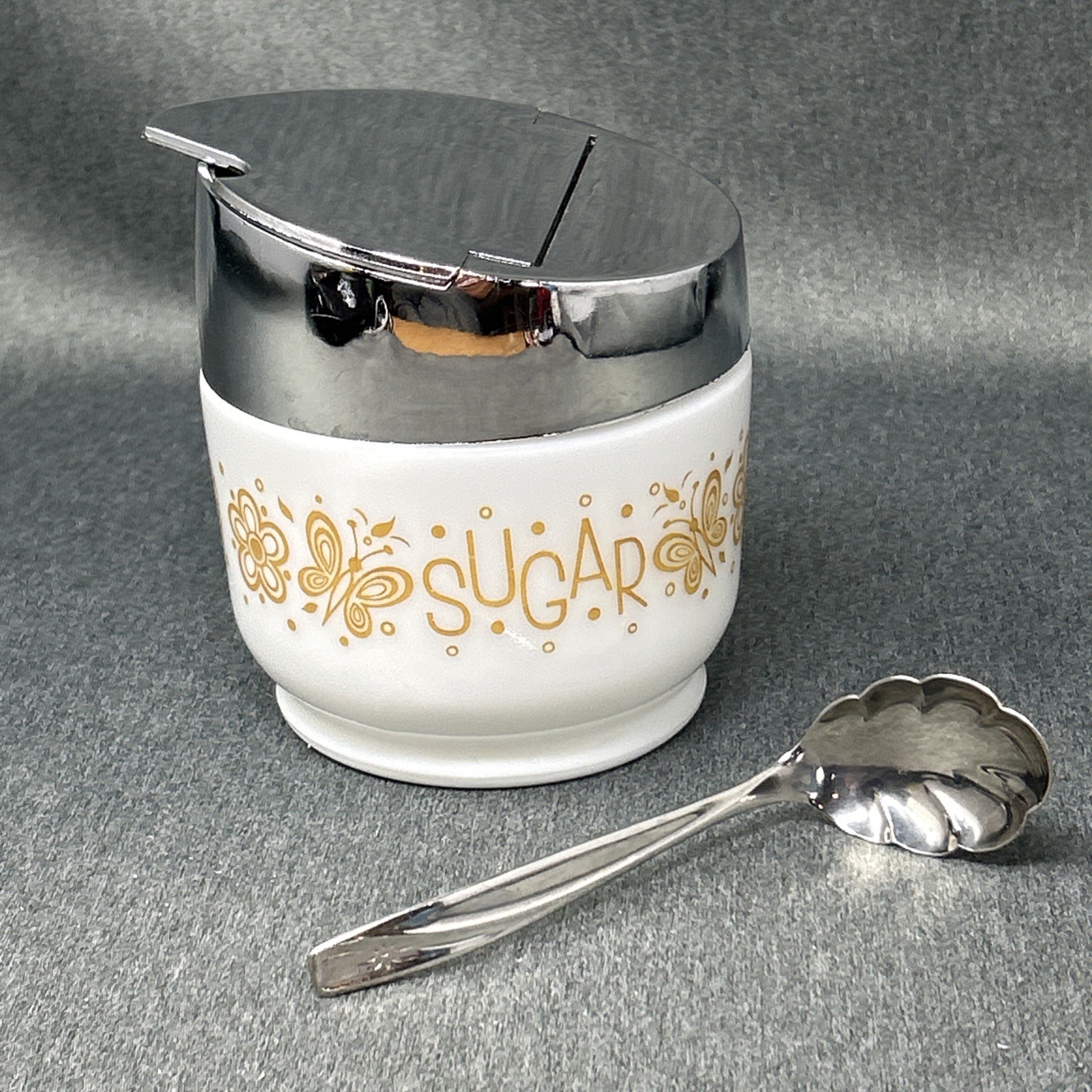 Vintage Gemco Butterfly Gold Milk Glass Sugar Bowl Flip Top Lid WM Rodgers Spoon