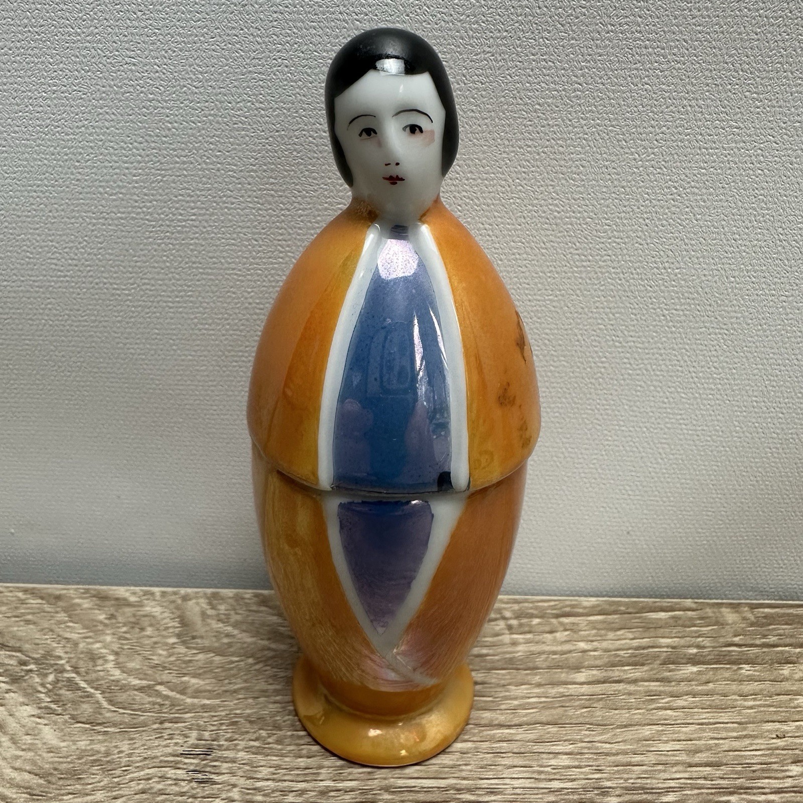 Antique Japanese Lusterware Figural Geisha Lady Vanity Powder Jar Box Art Deco