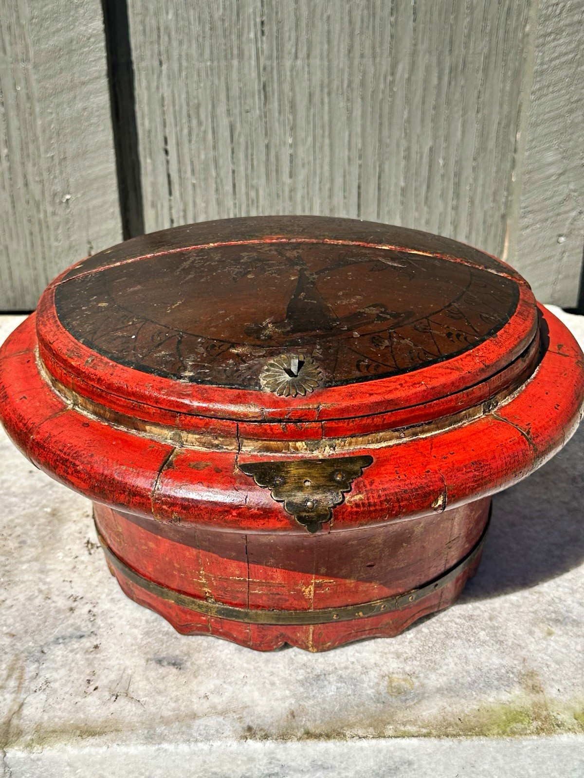Antique Chinese Red Lacquer Wooden Rice Bucket Stave Vessel BrassMountedLid 12\
