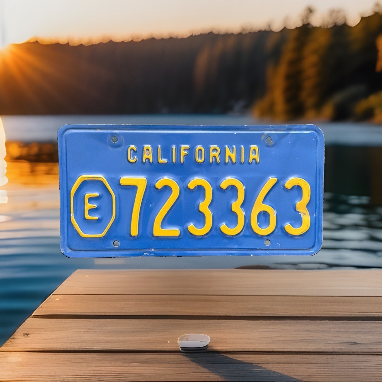 70s California License Plate Exempt 723363 Octagon Yellow On Blue