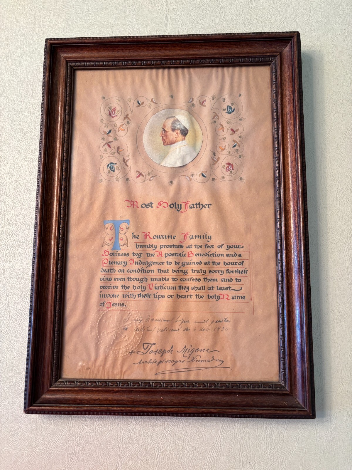 Vintage Pope Pius XII Apostolic Benediction & Plenary Indulgence Framed 1950