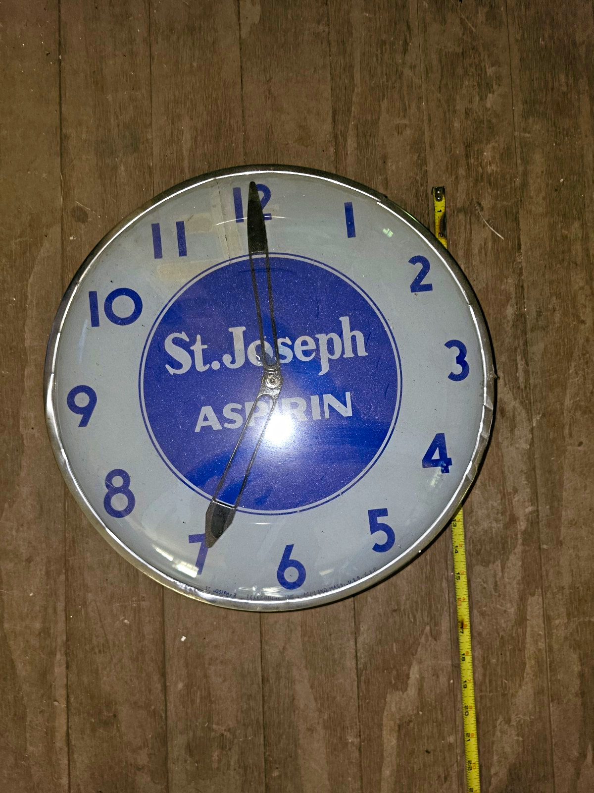 St. Joseph Aspirin  Wall Clock White/Blue DAMAGED- NO CORD- Has A CRACK