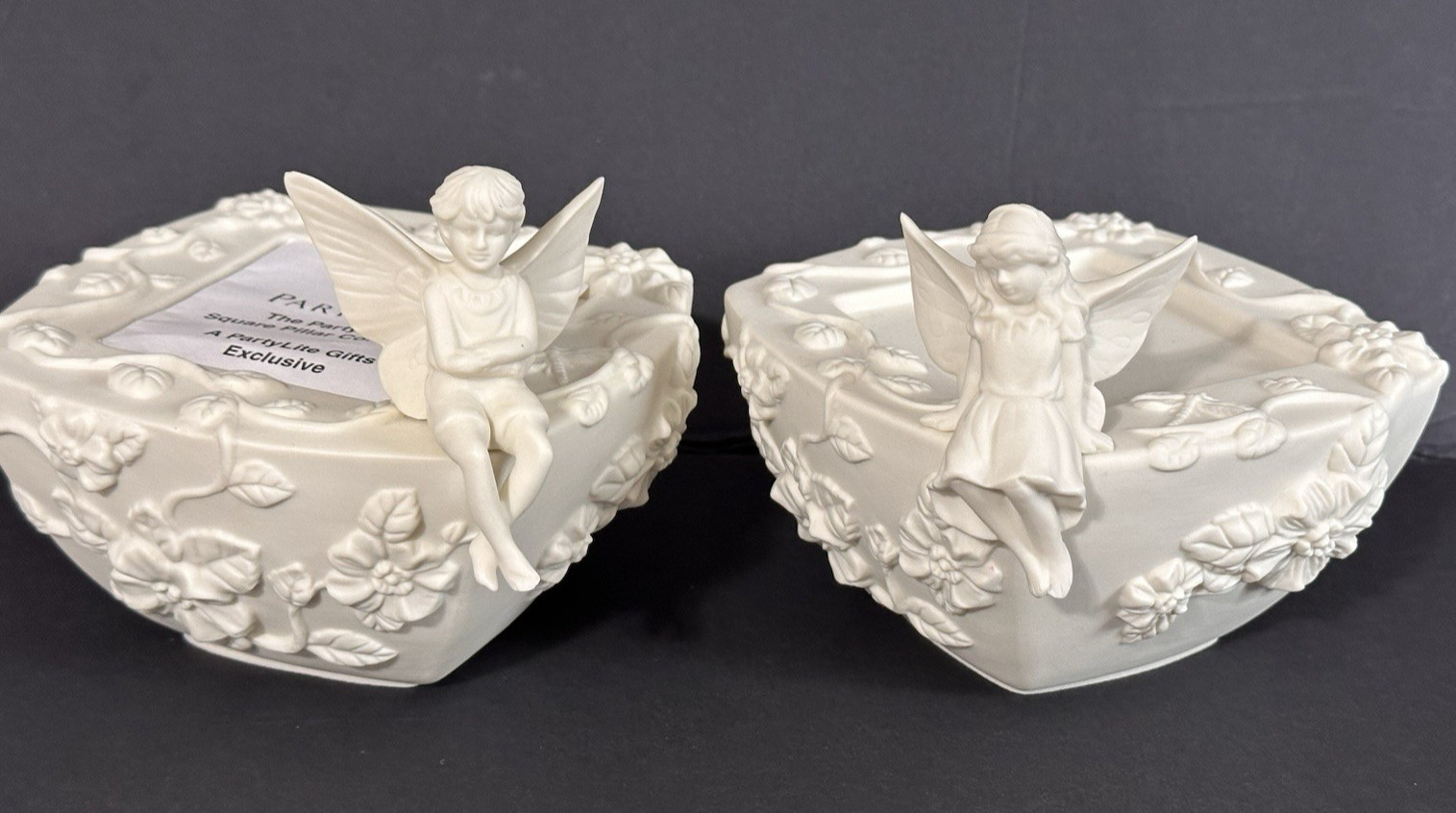 Partylite Vintage Retired Fairy Pillar Candle Holders in Ivory Bisque - Set of 2