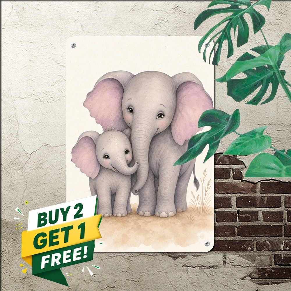 Pastel Mother And Baby Elephant Sweet Nursery Wall Plaque Metal Tin Sign 8x12