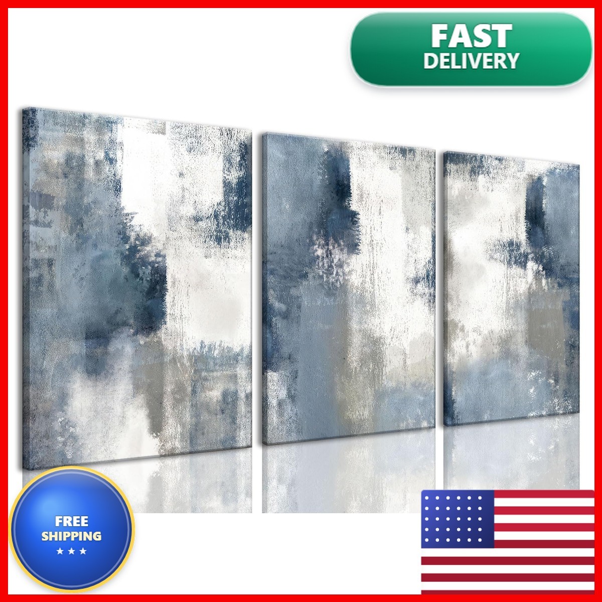 okudolit Abstract Wall Art Navy Blue Gray Canvas Large Framed Set of 3 16x24in