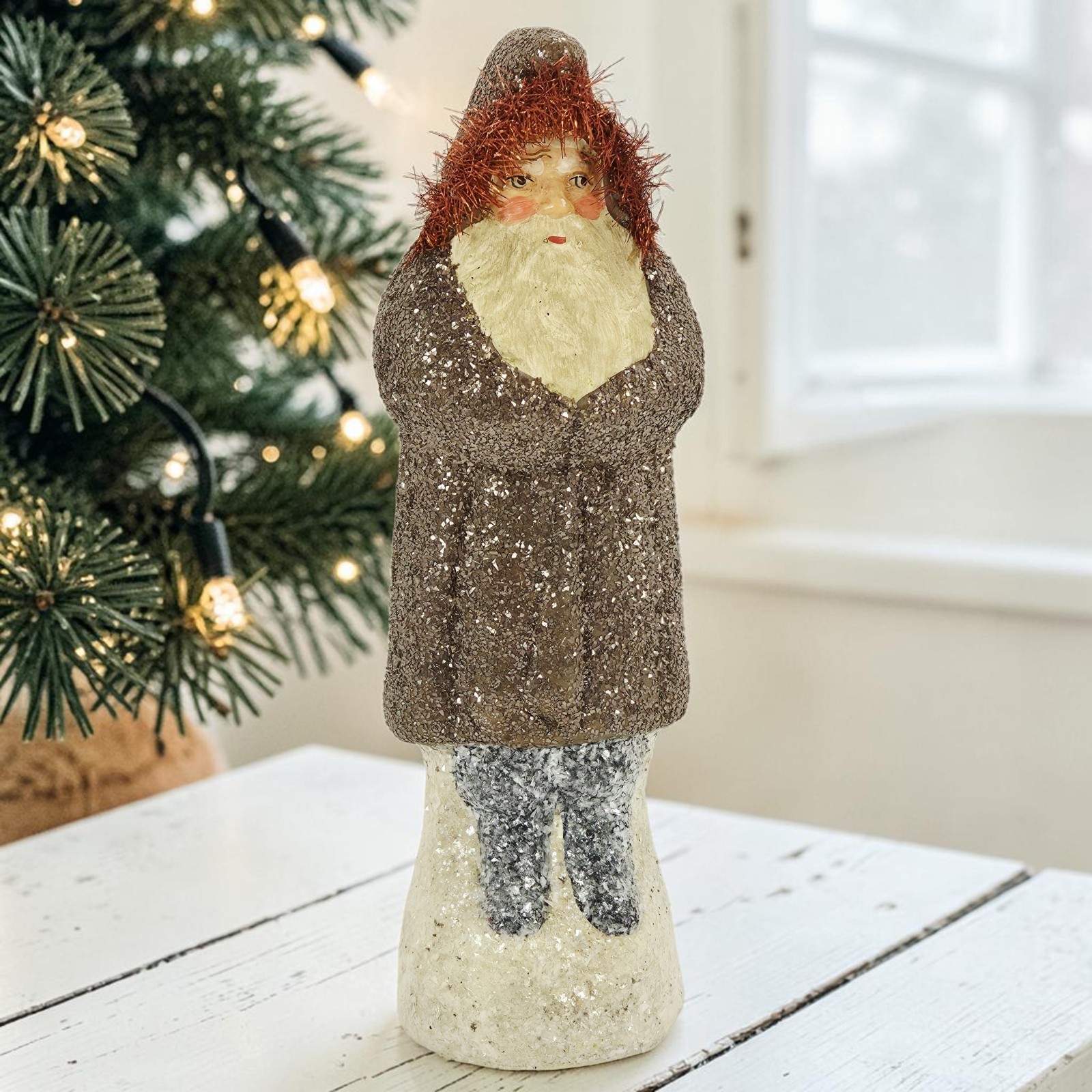 Old World Style Belsnickle Santa Claus Glitter Brown Coat Tinsel Paper Mache 12 Old World Style Belsnickle Santa Claus Glitter Brown Coat Tinsel Paper Mache 12