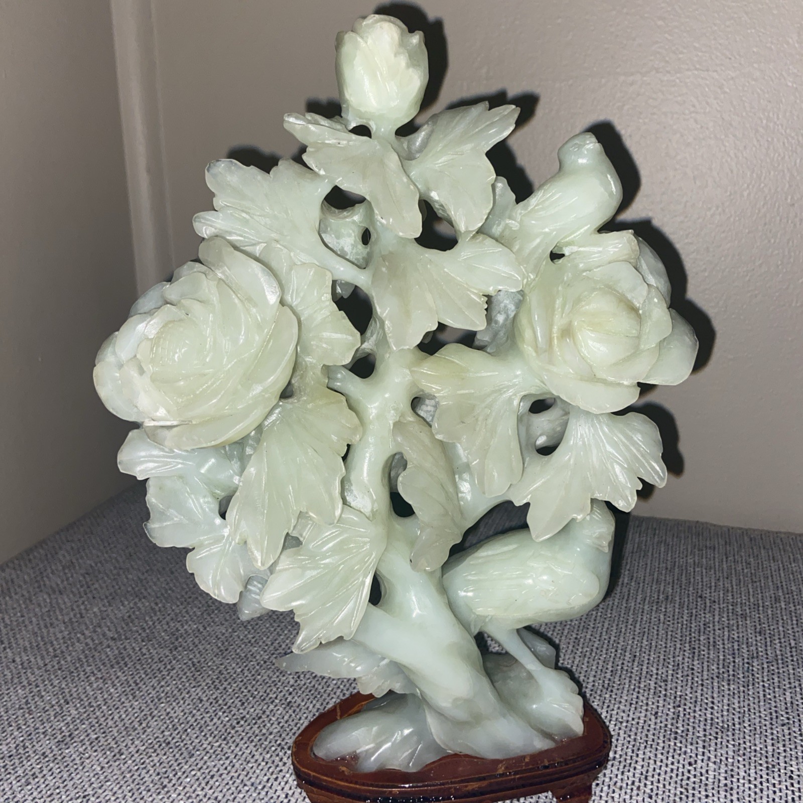 Vintage Pale Celadon Jade Peony & Birds Openwork Sculpture; 3D effect 