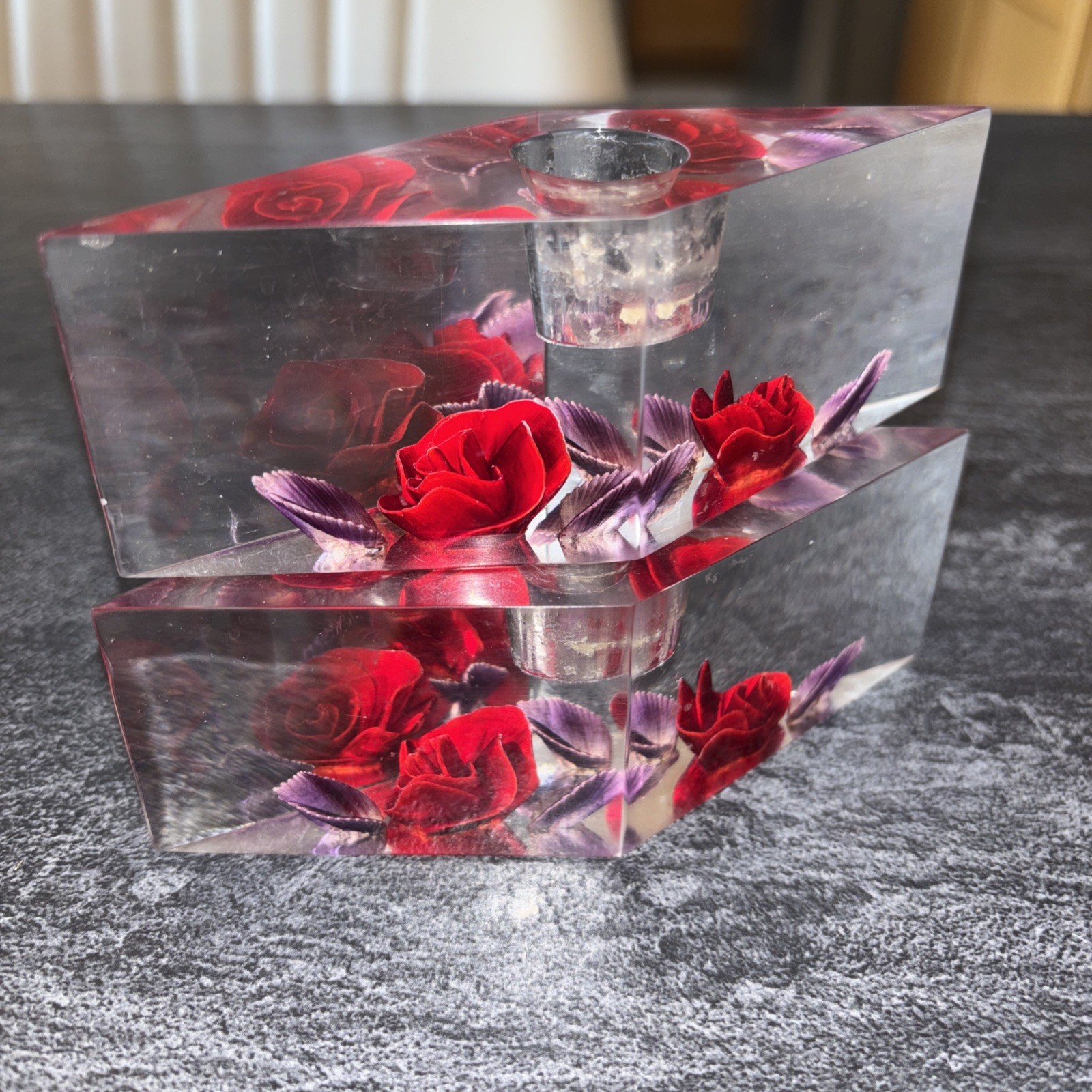 Vintage 70’s Bircraft Red Rose Hand Carved Lucite Acrylic Candleholders 5”x 1.75