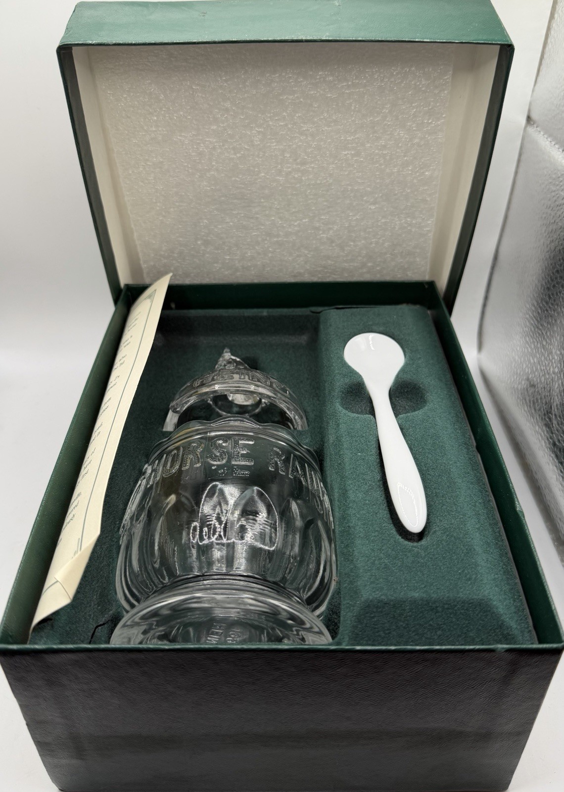 1993 Heinz Horseradish Jar SET Horse Lid Spoon Box Dalzell Viking Glass