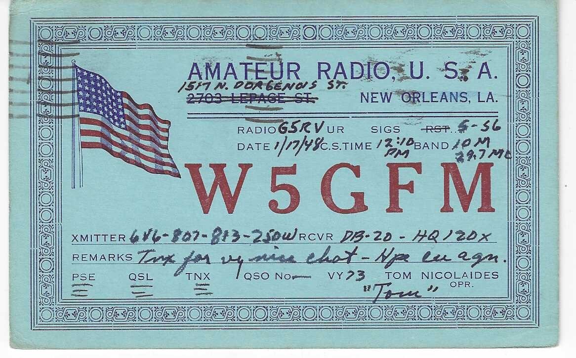 QSL  1948  New Orleans LA   radio card