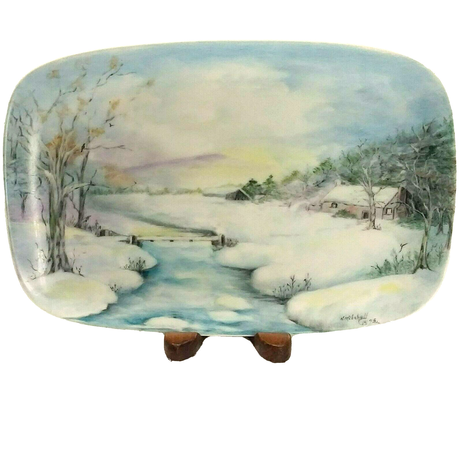 1975 Vtg Hand Painted Winter Scene Porcelain Dish Tray 7\