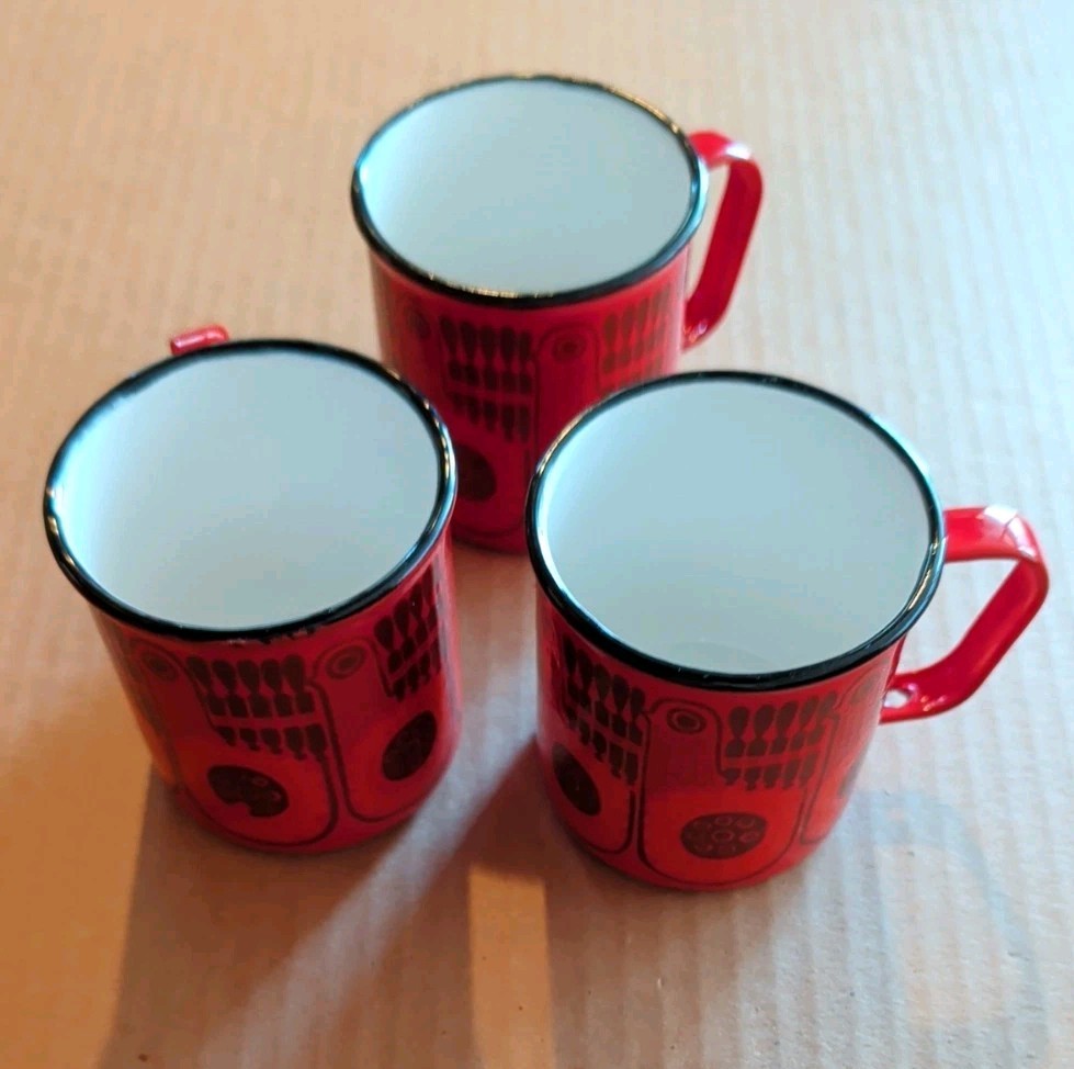 3 NOS FINEL Red Lintu Bird Enamel Coffee Mug Cup Arabia Finland 1970