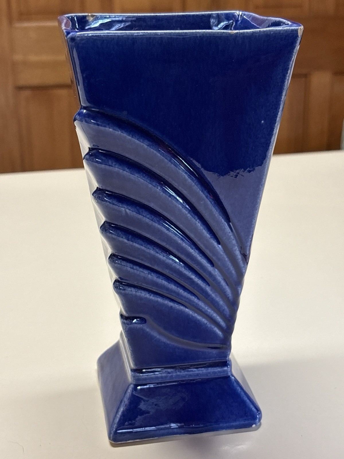 Vintage McCoy Pottery 9.25” Dark Blue Square Ribbed  Vase -NICE Condition.