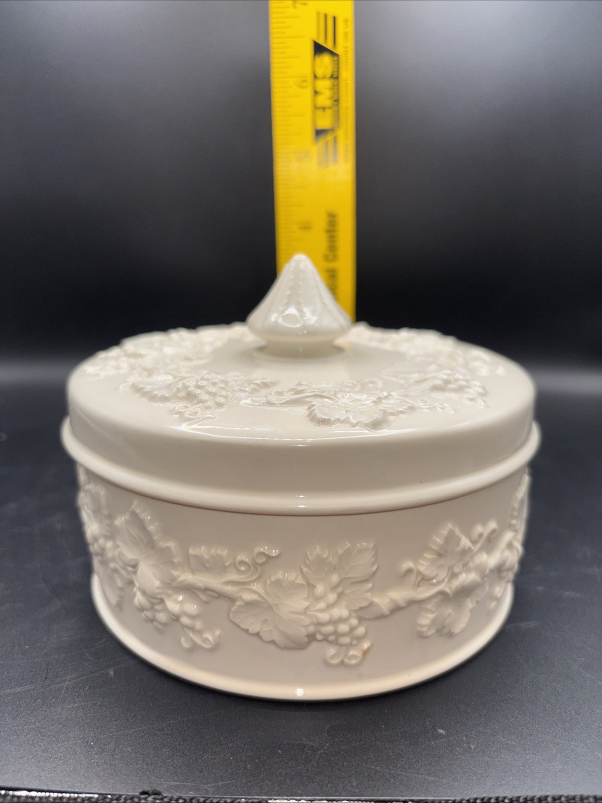 Vintage 1969 Wedgwood Embossed Queensware Cream on Cream Lidded Candy Dish Box