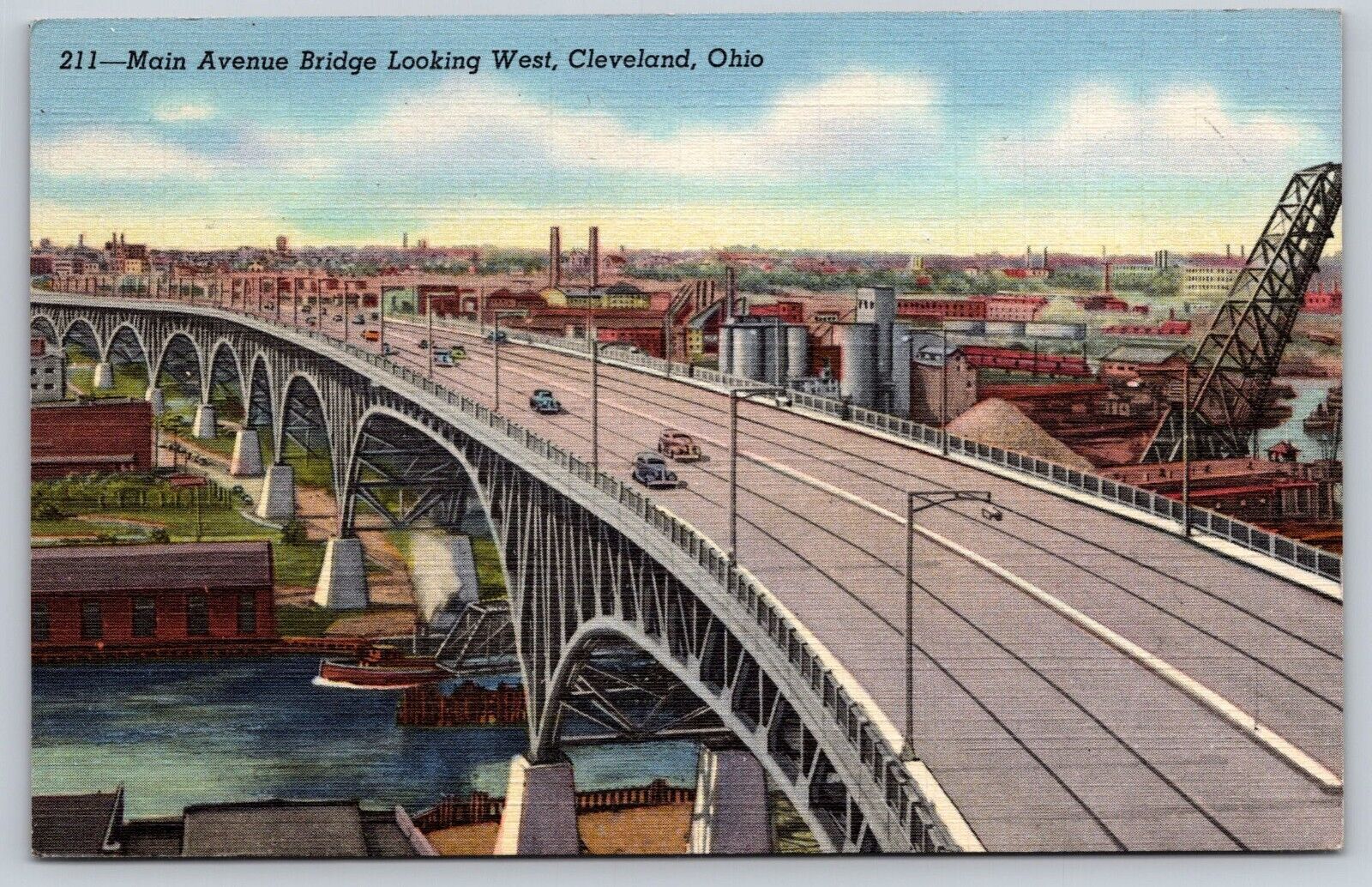 Postcard 1944 Main Avenue Bridge Looking West Cleveland Ohio