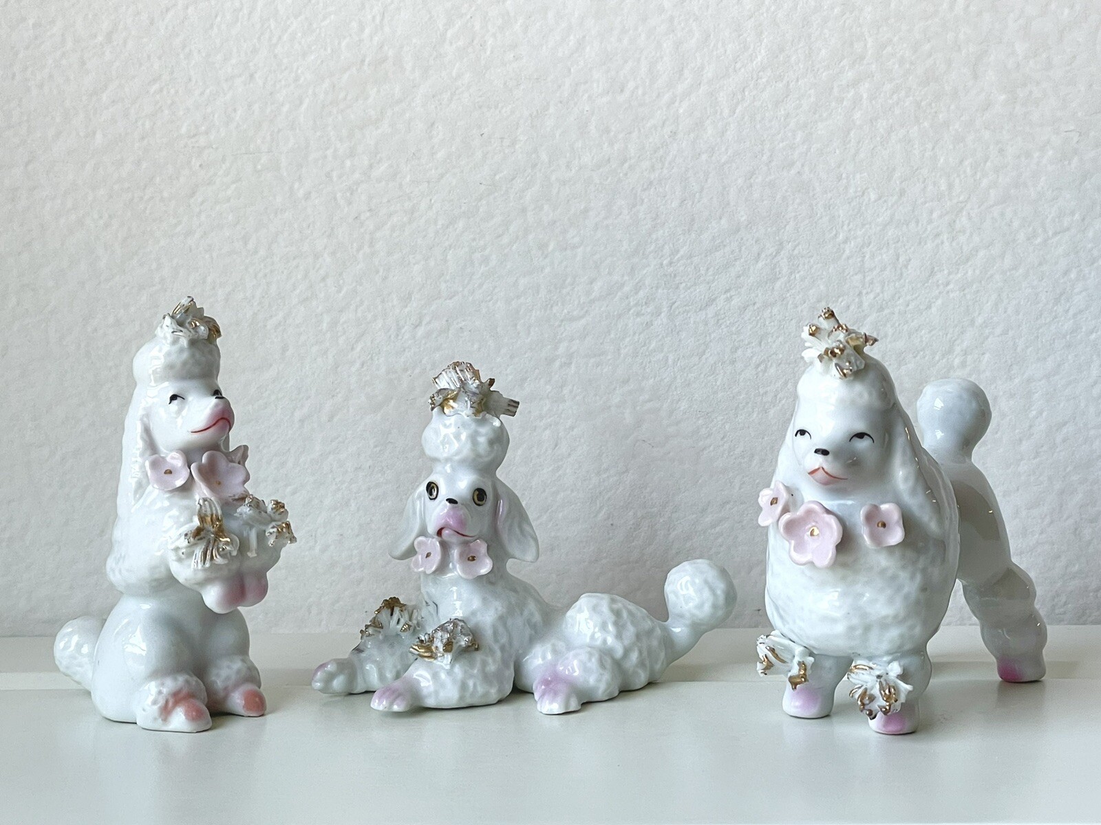 Vintage Set of 3 Japan Poodle Figurines w/Spaghetti Trim & Applied Pink Flowers