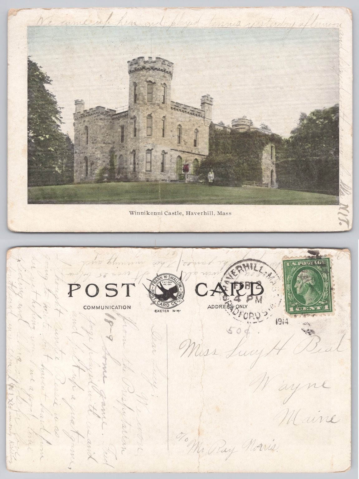 1914 Winnikenni Castle Haverhill MA Postcard Frank W. Swallow Postmarked