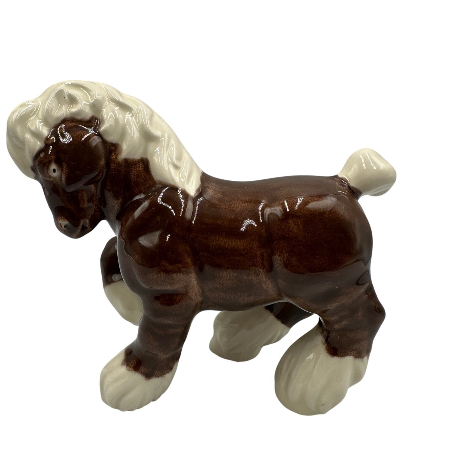 Vintage Ceramic Brown & Ivory Horse Figurine Glossy Finish Home Decor