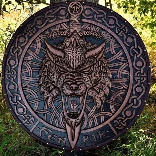 24'' Fenrir Wolf Carved Wooden Viking Shield Battle-Worn Shield Wall Décor