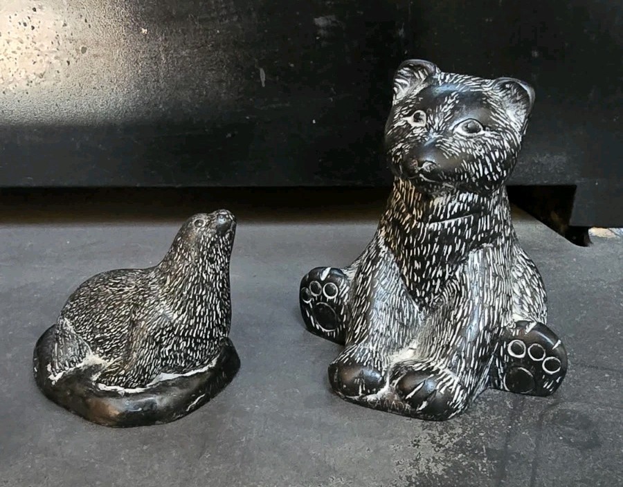 2 Vanstone Inuit Soapstone Handmade Carved Figurines, Bear And Seal From Canada