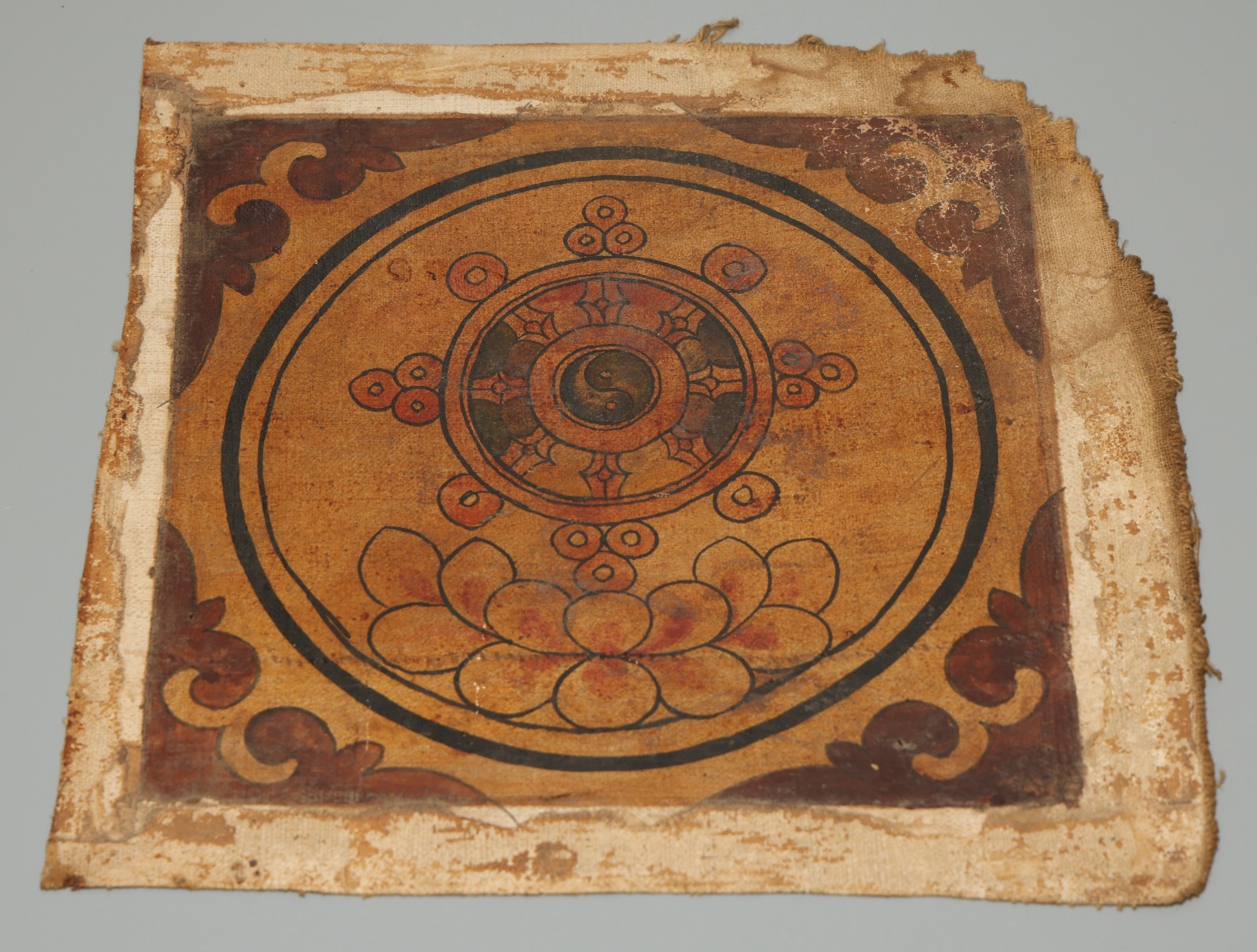 Real Rare Tibet 19th Century Old Antique Buddhist Cotton Thangka Dharma Wheel