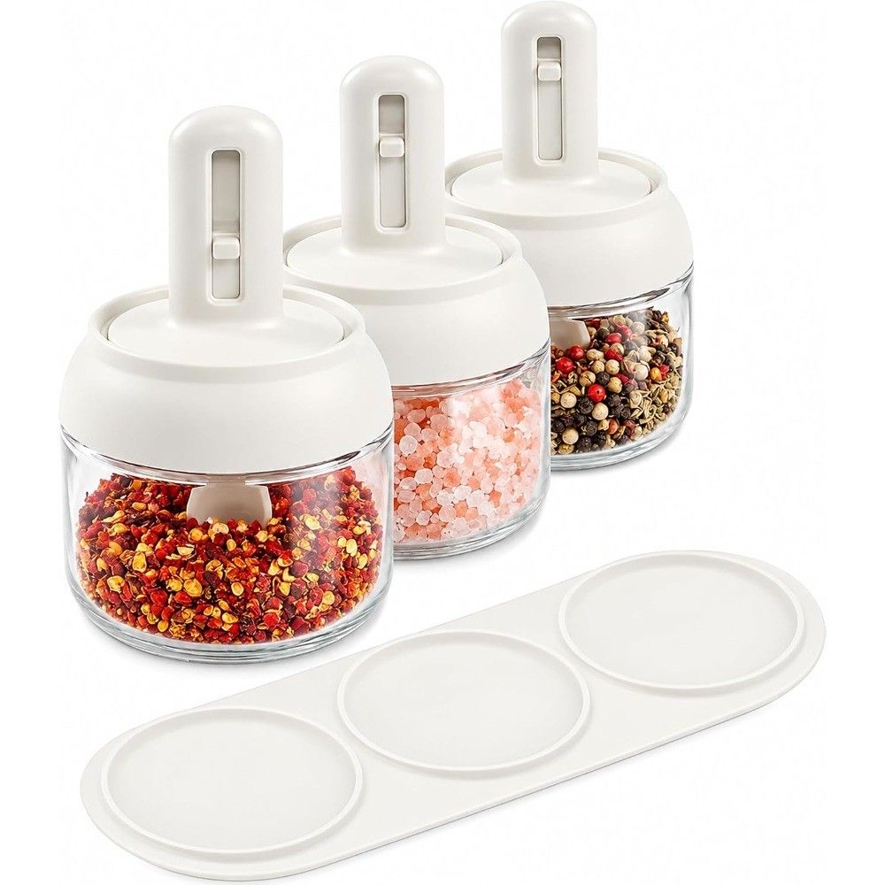 Glass Salt Cellar Set with Lids, Spoons & Tray, 3 Pack, 10 oz Three 10 oz clear