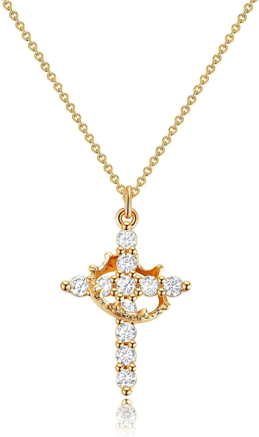 Gold Cross Necklace for Women, 14K Gold Plated Crown Cross Pendant Necklace Cros