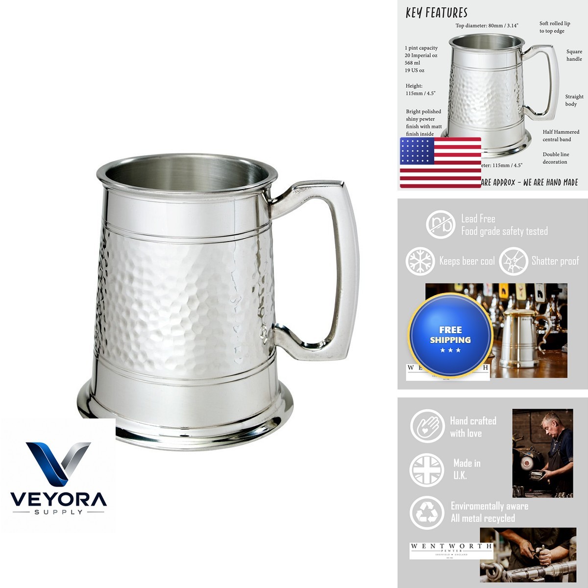 Wentworth Pewter Half Hammered 1 Pint Pewter Tankard