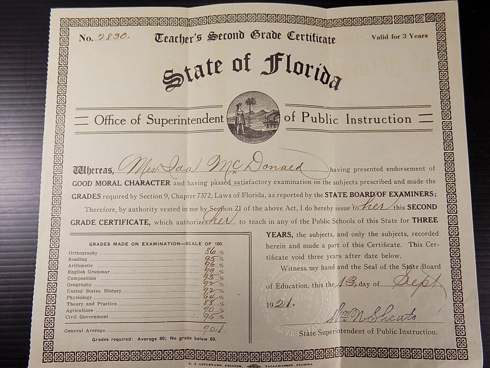 ANTIQUE 1921 FLORIDA TEACHERS CERTIFICATE Second Grade Ida McDonald