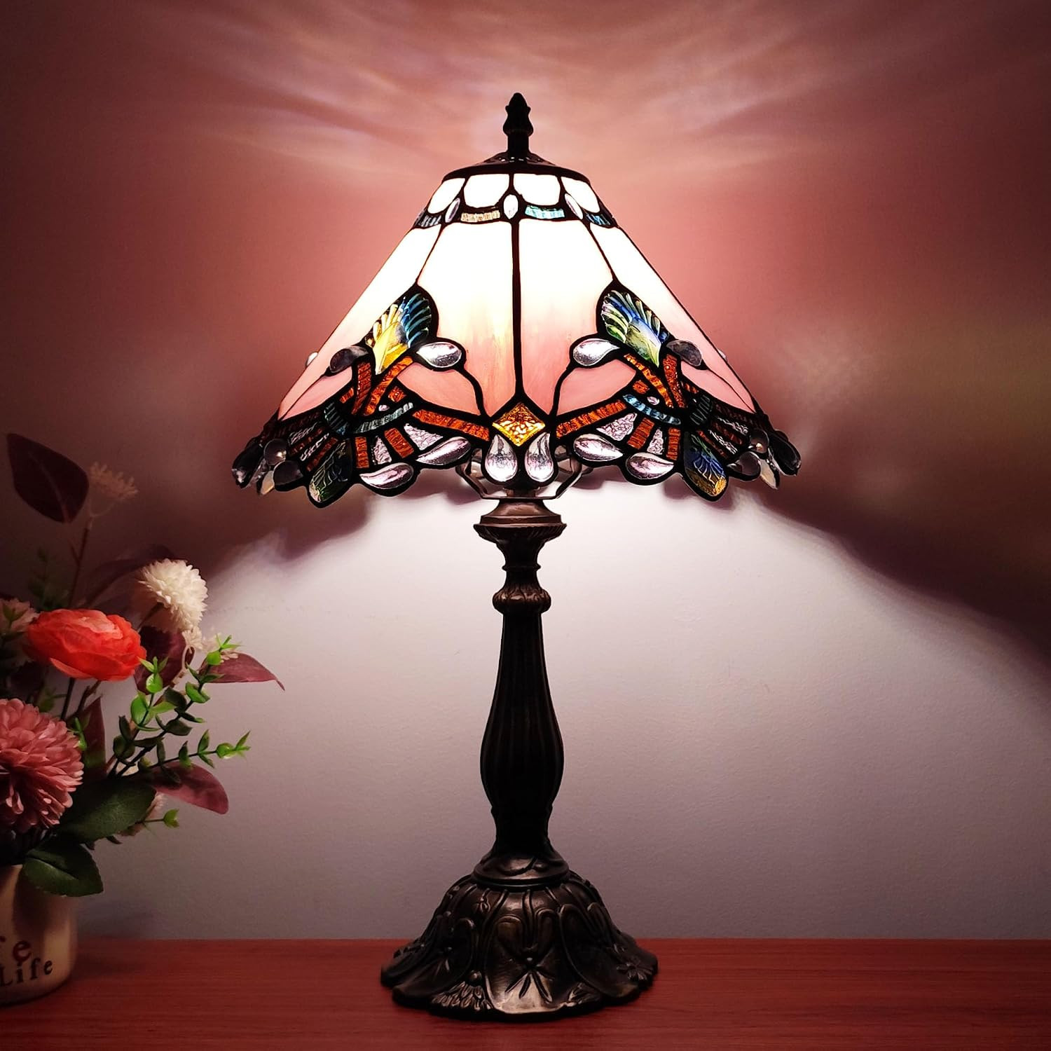 Vintage Tiffany Style Stained Glass Lamp with 3 LED Bulbs - Pink Baroque Design