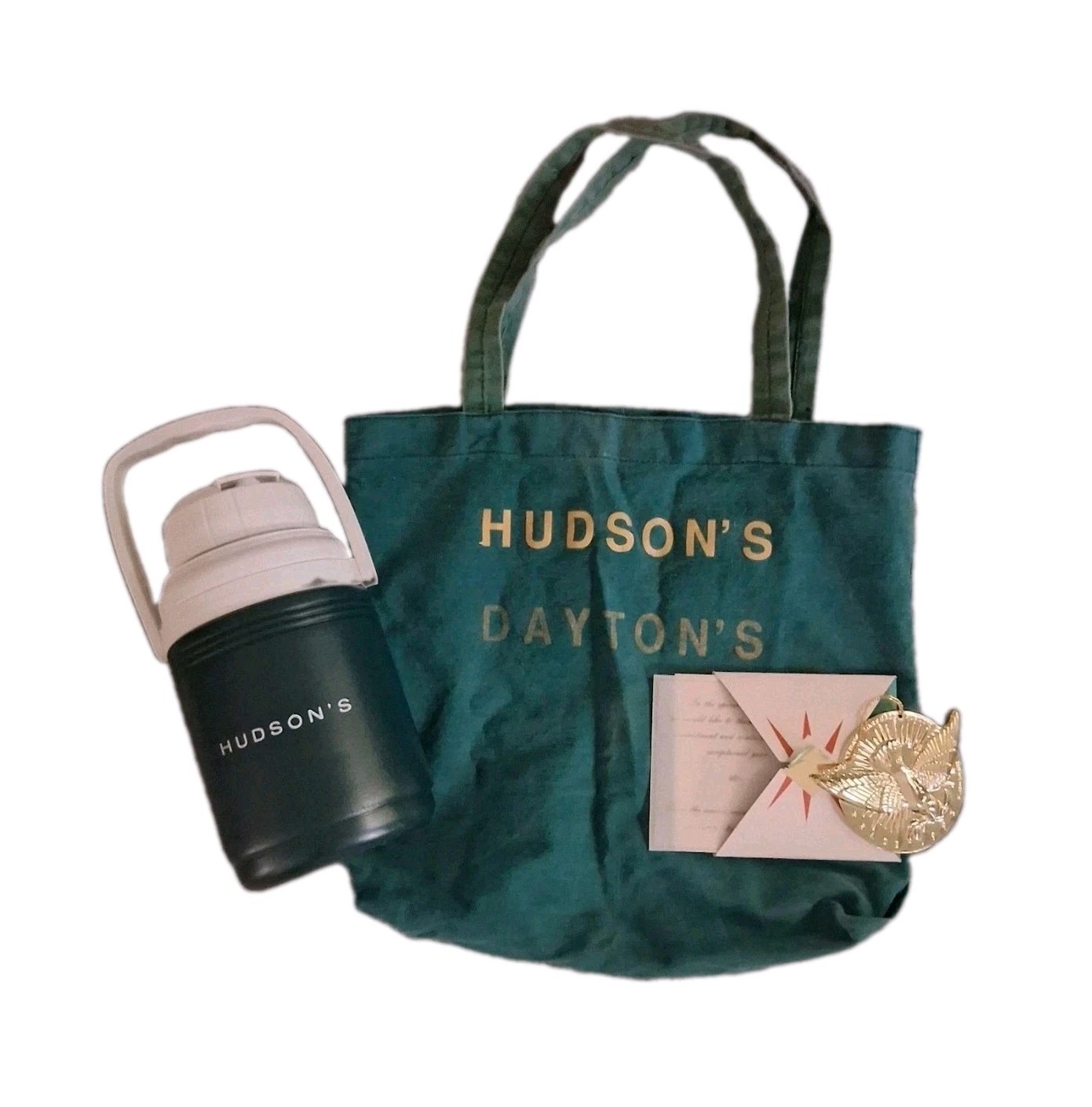 VTG Hudson\'s Dept Store Employee Lot - 91 Peace Ornament, Canvas Tote & Thermos