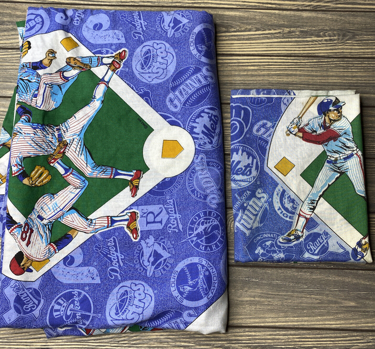Vintage MLB 1991 Twin Bed Sheet Pillowcase Blue Baseball Diamond Players 