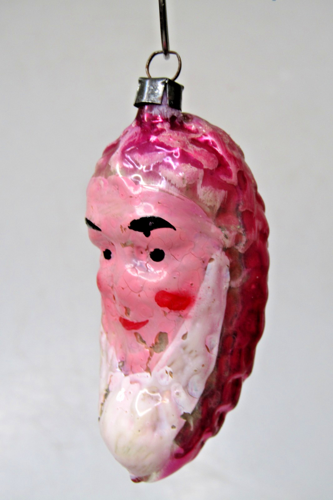 Vintage Glass Embossed SANTA Dwarf FACE Pinecone Christmas Ornament Germany PINK