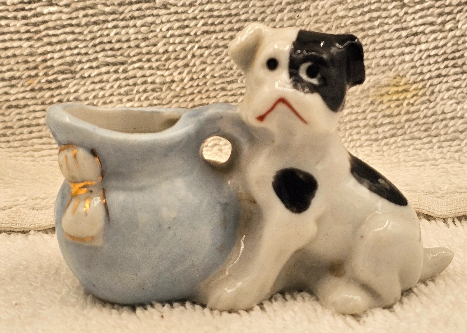 Vintage Minature Ceramic Figurine Of Black & White Puppy--Occupied Japan