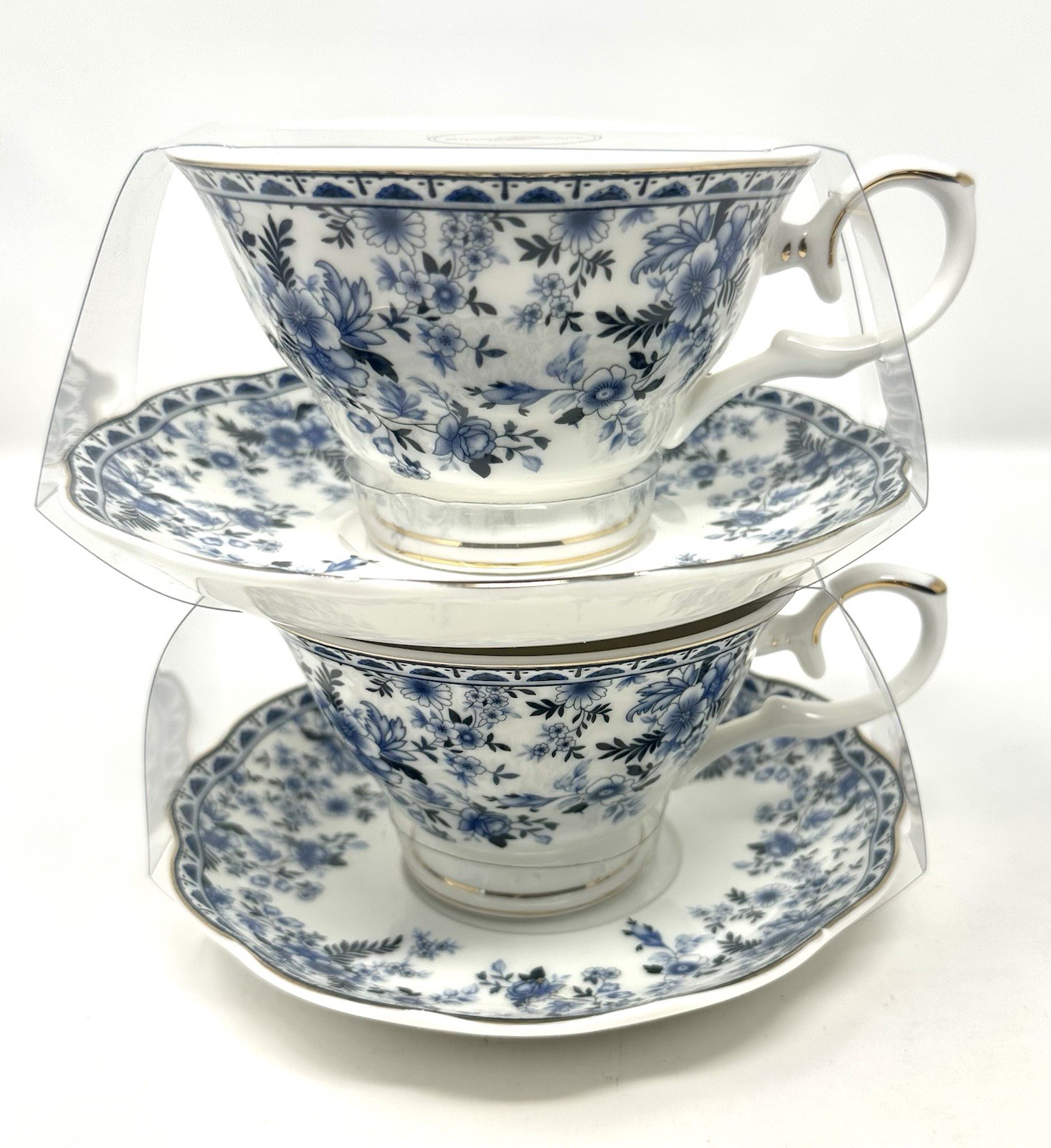 Grace Teaware Set of 2 Blue Floral w/ Gold Accents Teacup & Saucer New