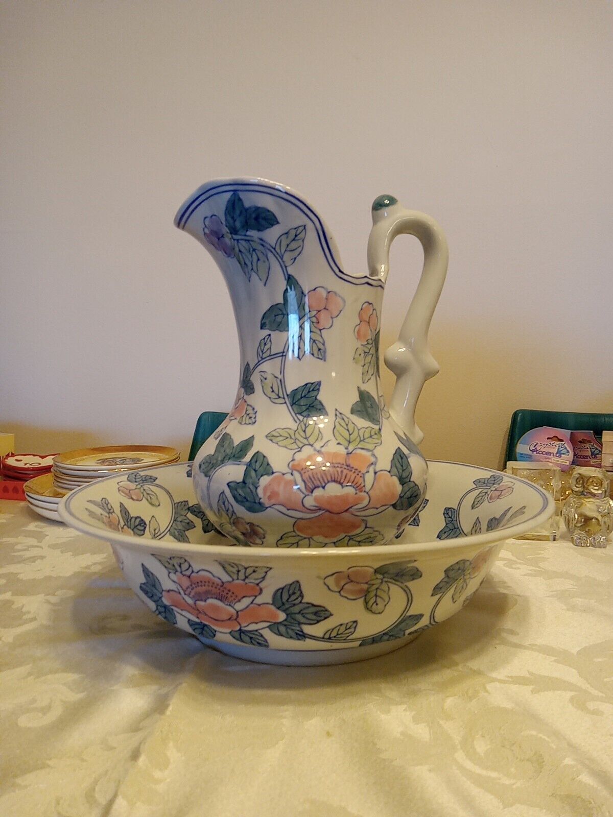 Vintage Antique Porcelain Pitcher and Bowl Wash Basin set, blue, 